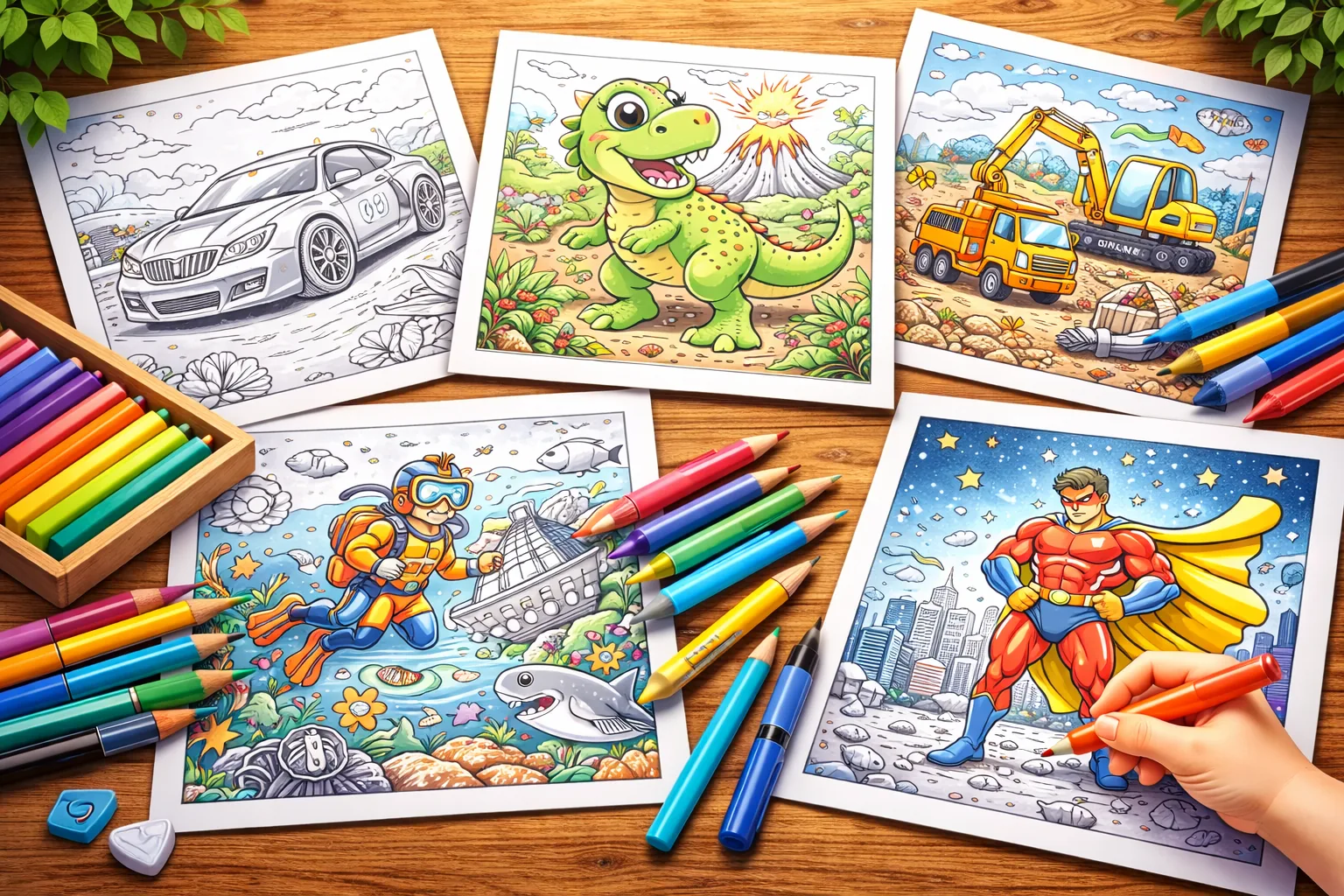 Színezők fiúknak járműves, állatos és kalandos témákkal.